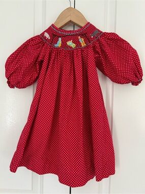 Mom & Me Smocked Baby Dress 12 Months Red Polka Dot Christmas Manger Nativity